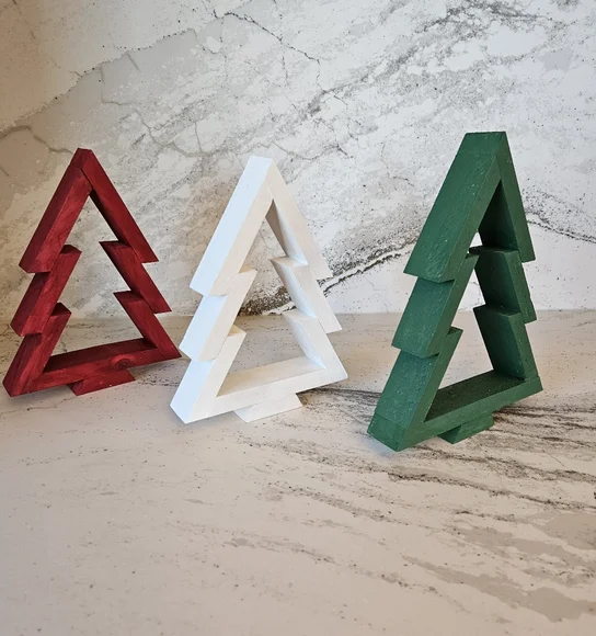 Handcrafted Wooden Holiday Christmas Tree Set - Red, White, Green - Picture 2 of 2